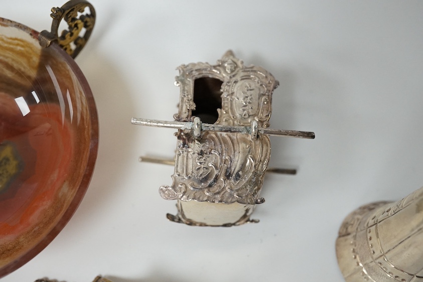 An Edwardian miniature silver wager cup, by Levi & Salaman, 70mm, a miniature white metal Sedan chair, an Edwardian miniature silver mounted pin cushion modelled as a throne, Gourdel Vales & Co, Birmingham, 1901 an a 19t